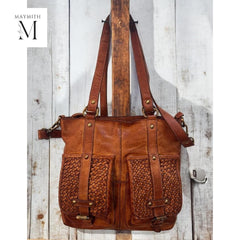 Handcrafted shoulder bag with woven front l Stylish Carry l Daily use l Shopping bag l office bag l Daily Use l Washed leather bag