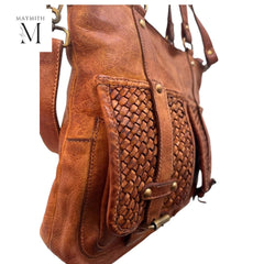 Handcrafted shoulder bag with woven front l Stylish Carry l Daily use l Shopping bag l office bag l Daily Use l Washed leather bag