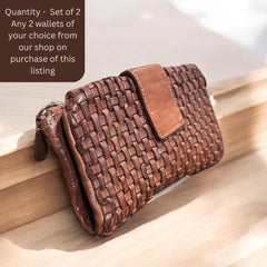 Leather Wallet l Set of 2 l Washed Wallet l Vintage Wallet l Woven Wallet l Women's Wallet l Gift for her l Handcrafted
