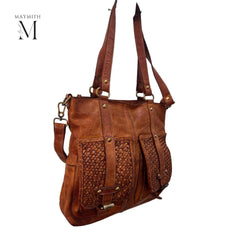 Handcrafted shoulder bag with woven front l Stylish Carry l Daily use l Shopping bag l office bag l Daily Use l Washed leather bag